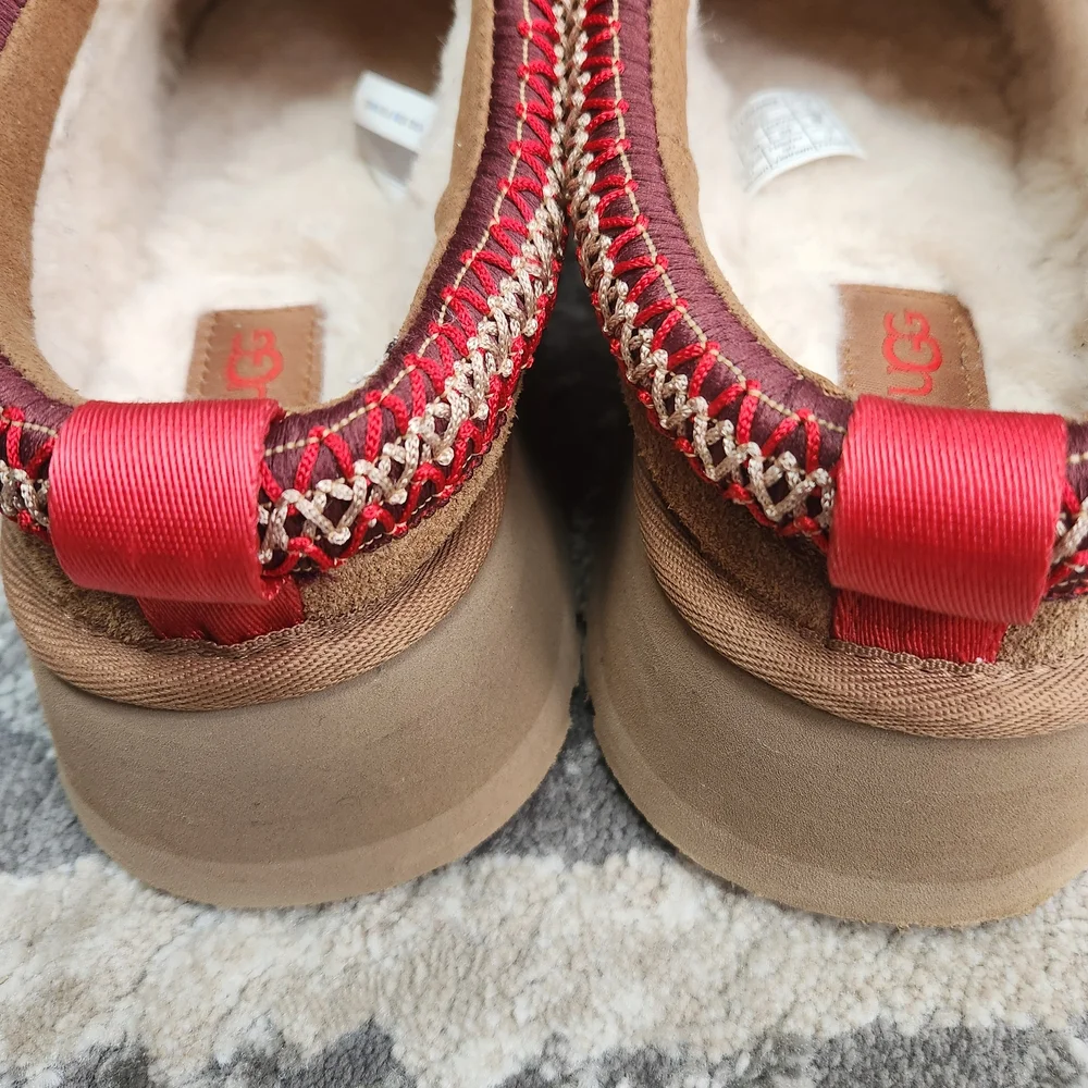 UGG Brown Suede Slippers with Red Stitching - Picture 2 of 8